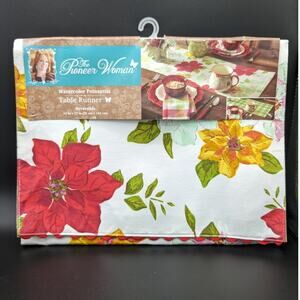 Pioneer Woman Table runner Watercolor Poinsettia Green White Checks 72" Floral